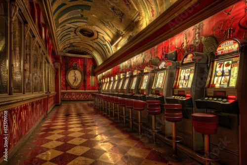 A casino with a red and gold theme