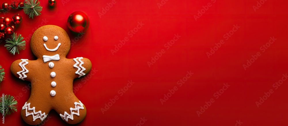 A creative holiday themed gingerbread man painted with festive colors against a red background with a Christmas tree branch creating a copy space image