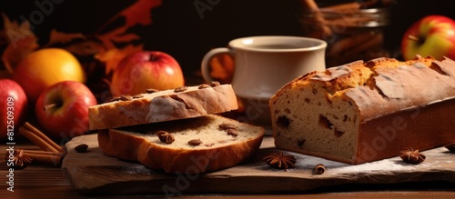 Autumn themed home bakery featuring a delectable cinnamon and apple bread Perfect for cozying up with a cup of tea or coffee Copy space image photo