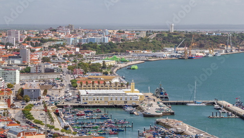 Aerial view of marina and city center timelapse in Setubal, Portugal.