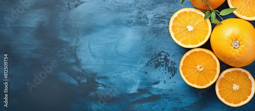 A top down view of ripe juicy oranges The oranges have been cut in half and are displayed on a blue concrete background A wooden reamer is visible in the image. Creative banner. Copyspace image photo