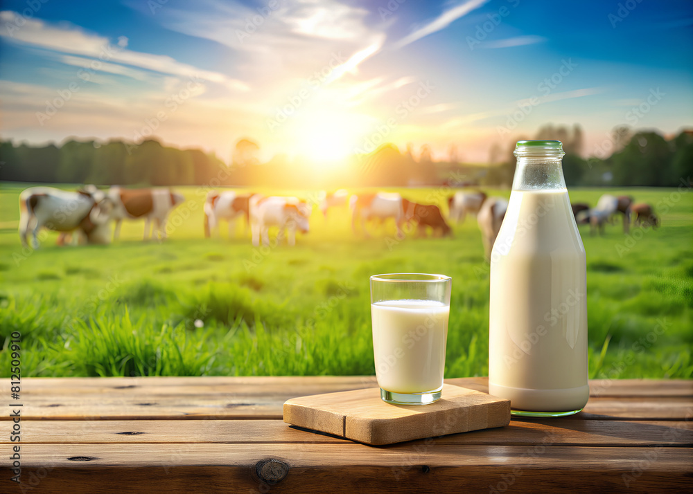 Glass and bottle of fresh milk on wooden table with cows on green meadow and mornig light background Glass and bottle of fresh milk on wooden table with cows on green meadow and mornig light background