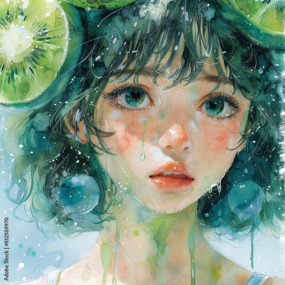 The image is a watercolor painting of a girl with green hair and blue eyes The image is a watercolor painting of a girl with green hair and blue eyes