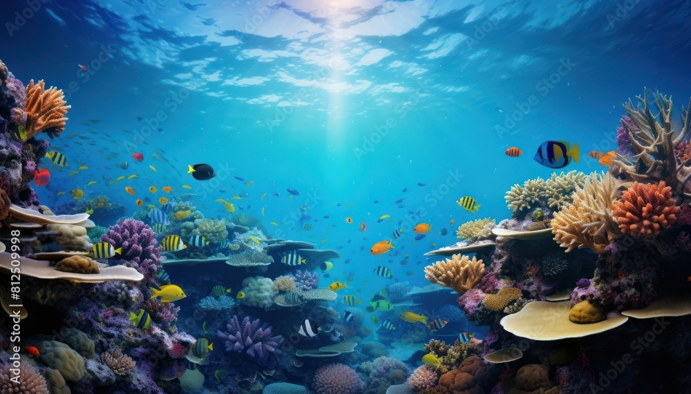 Fototapeta premium Tropical fish in the underwater, coral reef, amazing underwater life, various fish and exotic coral reefs, ocean wild creatures background
