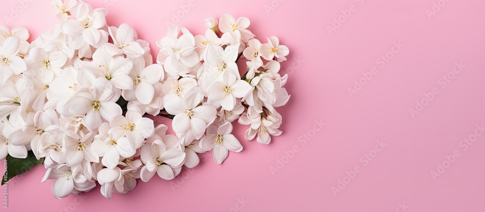 A top view of a beautiful bouquet of delicate white flowers resting on a pink background with plenty of space for text or other elements. Creative banner. Copyspace image A top view of a beautiful bouquet of delicate white flowers resting on a pink background with plenty of space for text or other elements. Creative banner. Copyspace image