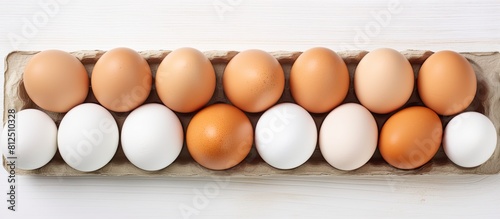 A top view of chicken eggs arranged in a paper egg tray on a white wooden table creating a visually appealing image with ample copy space
