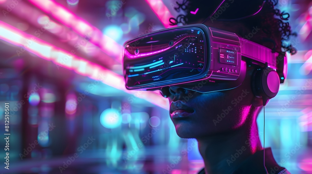 young emotional people on multicolored background in neon light. Concept of human emotions, facial expression, sales. Smiling, playing videogames with VR-headset, modern young emotional people on multicolored background in neon light. Concept of human emotions, facial expression, sales. Smiling, playing videogames with VR-headset, modern