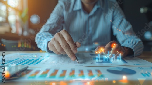A businessman analyzes a company's financial balance while working with augmented reality digital graphics. Businessman calculates financial data for long-term investments. photo