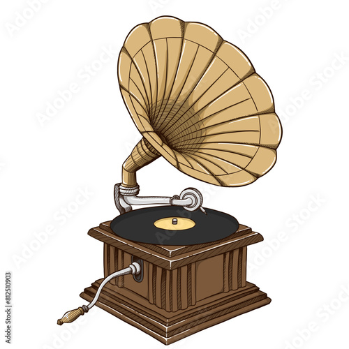 Gramophone phonograph vintage retro music instrument colored hand drawn 