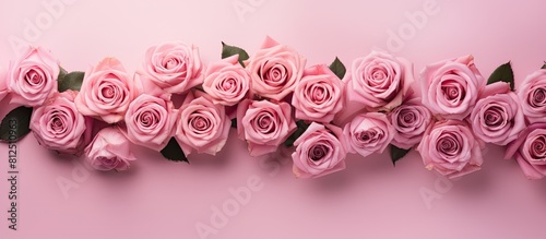 Top view of pink roses arranged in a flat lay style with ample copy space for additional content © HN Works