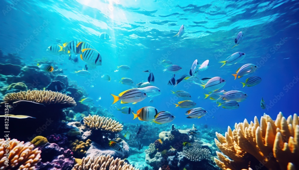 Naklejka premium Tropical fish in the underwater, coral reef, amazing underwater life, various fish and exotic coral reefs, ocean wild creatures background