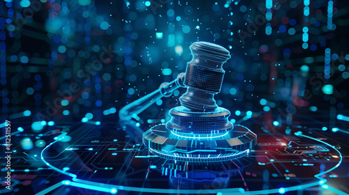 Judges gavel hovers in a high-tech, virtual space, symbolizing the enforcement of cybersecurity laws and regulations within an abstract technological environment