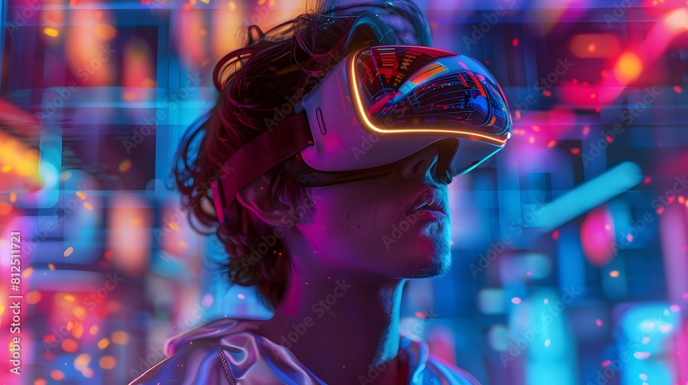  young emotional people on multicolored background in neon light. Concept of human emotions, facial expression, sales. Smiling, playing videogames with VR-headset, modern