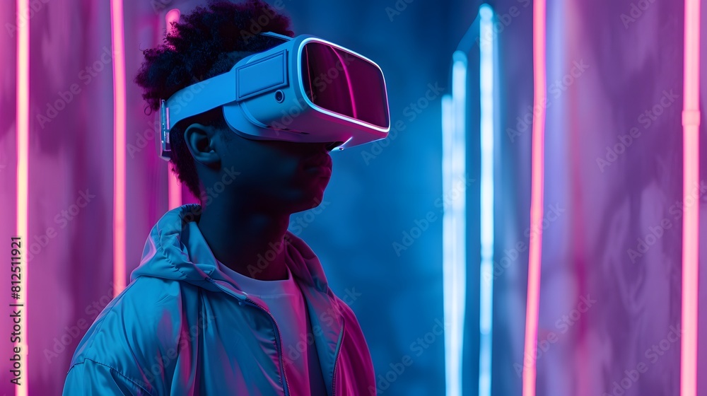 young emotional people on multicolored background in neon light. Concept of human emotions, facial expression, sales. Smiling, playing videogames with VR-headset, modern young emotional people on multicolored background in neon light. Concept of human emotions, facial expression, sales. Smiling, playing videogames with VR-headset, modern