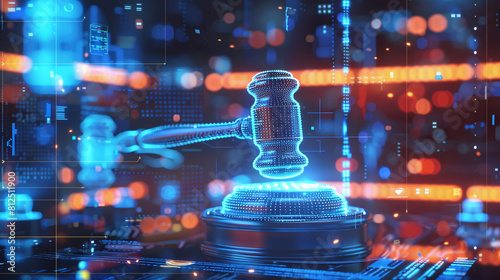 Judges gavel hovers in a high-tech, virtual space, symbolizing the enforcement of cybersecurity laws and regulations within an abstract technological environment photo