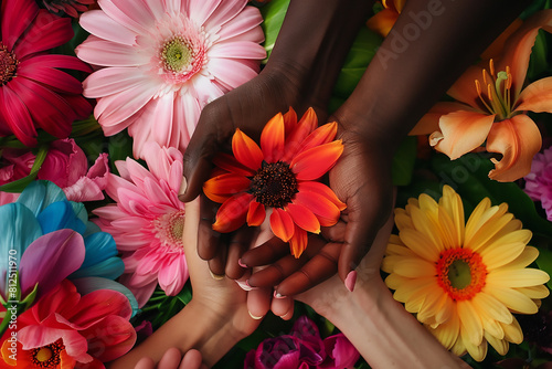 A closeup shot of hands with flowers.