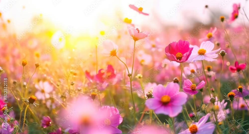 Sunrise Serenity: The Beauty of Cosmos Flowers Blooming Across the Horizon