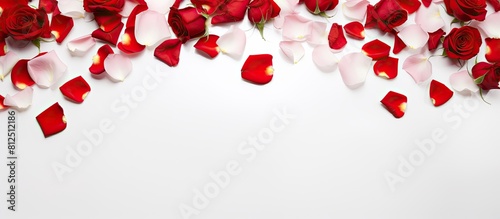 A white isolated background with a frame of vibrant red roses and scattered rose petals providing a decorative element Copy space image
