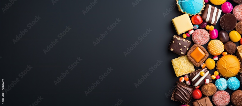 A vibrant assortment of candy arranged on a colorful background seen from above in a flat lay style The image features a border made up of various types of chocolate coated candy Perfect for copy spa A vibrant assortment of candy arranged on a colorful background seen from above in a flat lay style The image features a border made up of various types of chocolate coated candy Perfect for copy spa