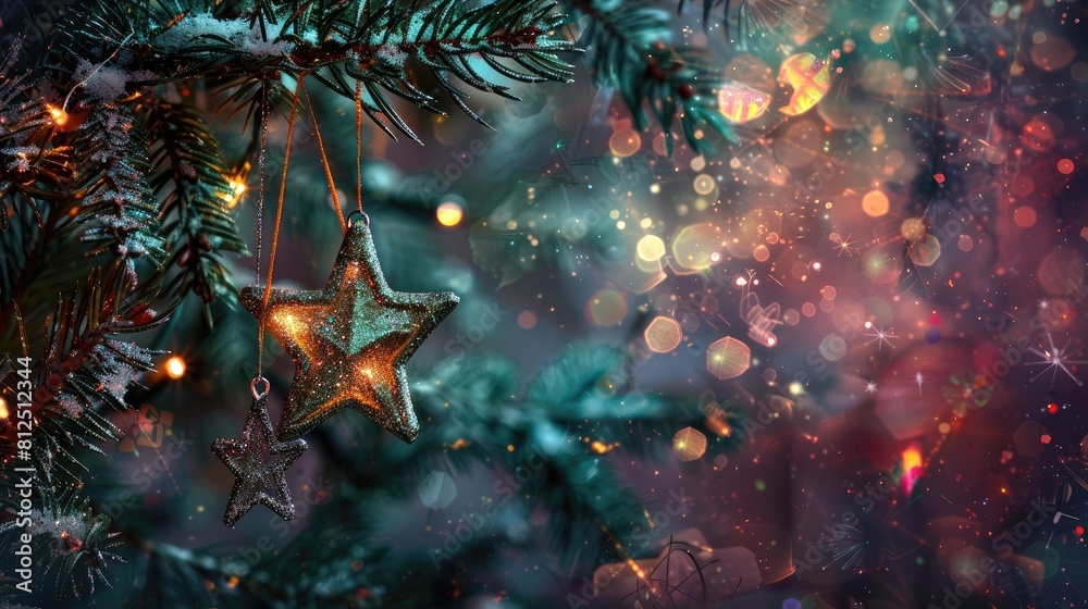 Christmas decoration on a spruce branch with bokeh background. Christmas decoration on a spruce branch with bokeh background.