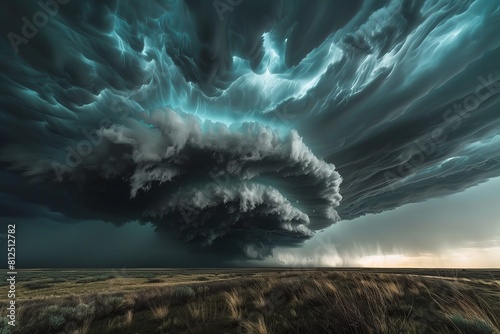 A powerful supercell thunderstorm looms over an eerie landscape, offering a sense of overwhelming awe and fear photo