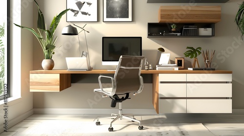 Develop a minimalist yet functional home office desk with built-in cable management and ample storage to promote productivity and organization.