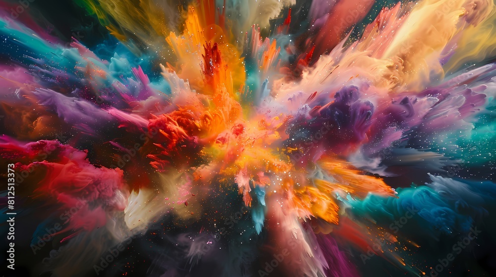 A vibrant explosion of multicolored power bursting forth, creating a mesmerizing splash against a dark backdrop