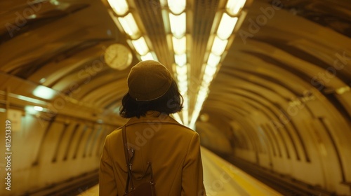 A woman wearing a hat and a coat stands in a subway tunnel