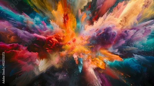 A vibrant explosion of multicolored power bursting forth, creating a mesmerizing splash against a dark backdrop