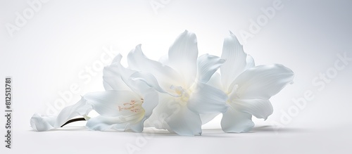A white orchid blossom against a white backdrop with ample space around it to highlight its beauty 72 characters