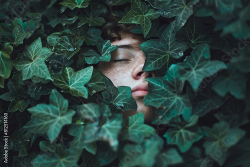 Woman that is hiding behind some leaves photo