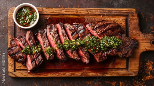 Grilled seasoned wagyu bavette steak with chili and chimichurri sauce on a wooden board photo