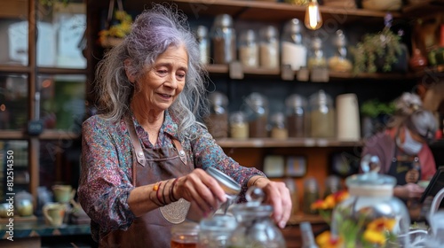 Senior Woman with Silver and Purple Hair Serving Artisanal Teas in Quaint Tea Shop 