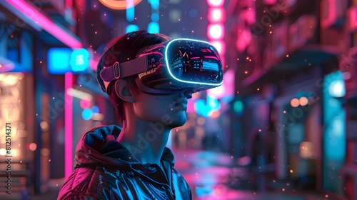  young emotional people on multicolored background in neon light. Concept of human emotions, facial expression, sales. Smiling, playing videogames with VR-headset, modern © sungedi
