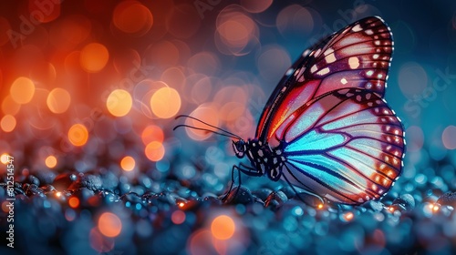   Close-up of a butterfly on a surface with blurred lights behind and a focus on the light in the foreground photo