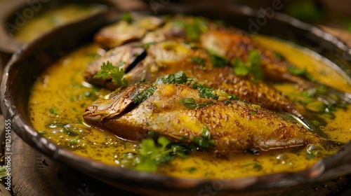 Hilsa fish cooked in a delicious mustard seed sauce. A famous Bengali dish. photo