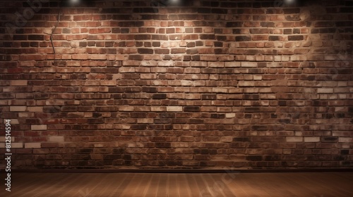 Warmly illuminated empty stage with a textured brick wall background and spotlights