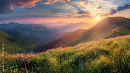 Mountain valley during sunrise. Beutiful natural landsscape in the summer time. generative ai