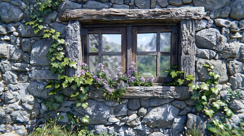   A stone structure featuring a window and an array of plants protruding from the sill photo