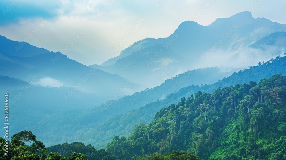 Mountains under mist in the morning form Kerala God himself Country Tourism. generative ai