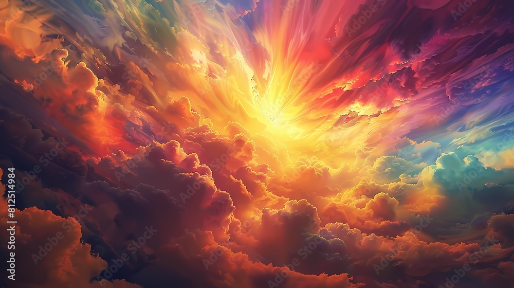 Beams of vivid light bursting through clouds of color, creating a dazzling multicolored power explosion that captivates the senses with its brilliance and energy