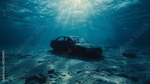 A surreal sight of a car completely submerged underwater, its silhouette visible against the backdrop of the ocean depths 8K , high-resolution, ultra HD,up32K HD photo