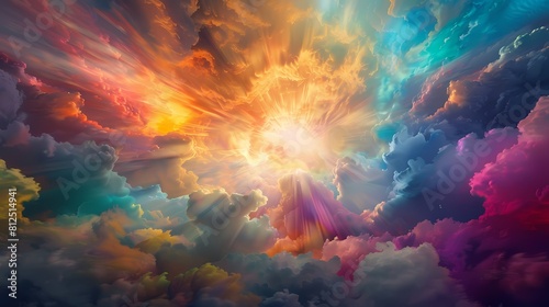 Beams of vivid light bursting through clouds of color, creating a dazzling multicolored power explosion that captivates the senses with its brilliance and energy photo