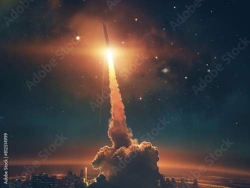 A rocket ascending into the starry night sky above a cityscape, representing exploration and innovation.