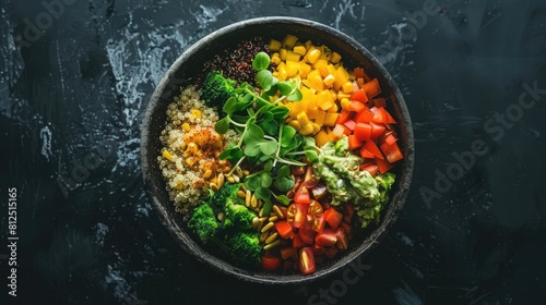 Aerial Perspective of a Nourishing Quinoa Bowl on Dark Background photo