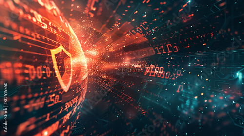 A digital shield projecting a force field around a server farm, defending against cyber attacks