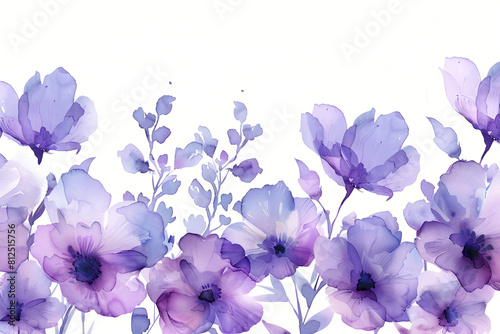 White background with isolated purple watercolor flowers creating a seamless border. Generative AI