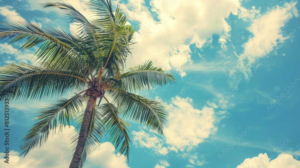 Palm tree on tropical beach with blue sky and white clouds abstract background. generative ai Palm tree on tropical beach with blue sky and white clouds abstract background. generative ai