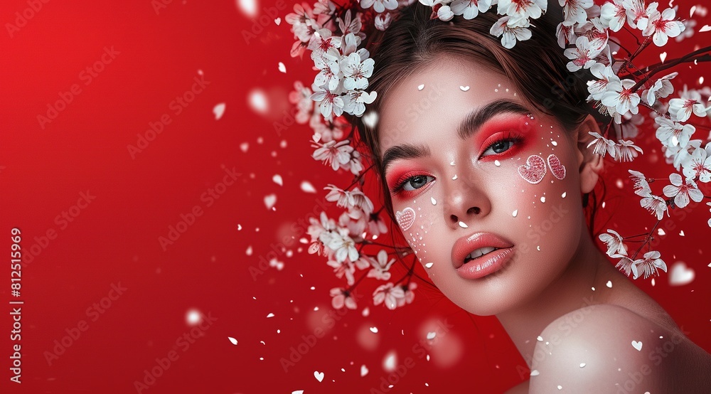 A beautiful woman with flowers and cherry blossoms in her hair against a red background. A beautiful woman with flowers and cherry blossoms in her hair against a red background.