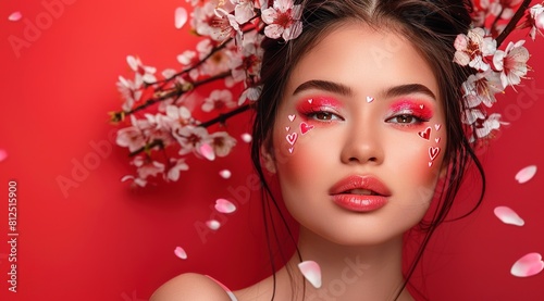 A beautiful woman with flowers and cherry blossoms in her hair against a red background.